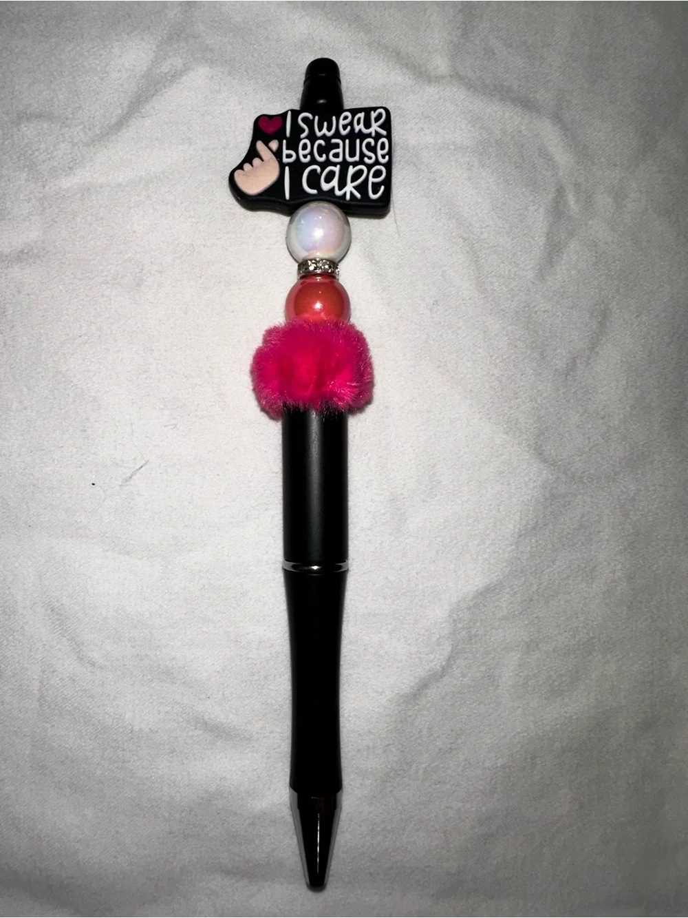 I Swear Because I Care Pink Fuzzy Black Ballpoint Pen